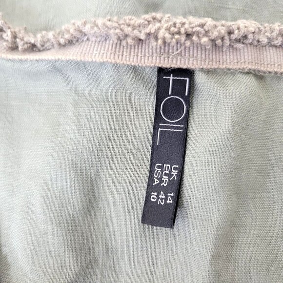 Foil 100% Linen Olive Green Knee Length Dress With Fringe Trim Women's Size 10 - Picture 3 of 6